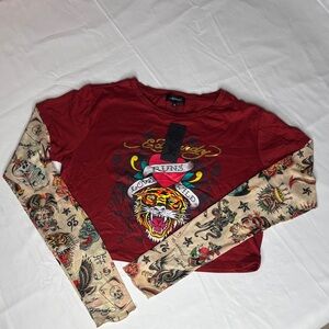 NWT Ed Hardy Red Tiger Heart Graphic Shirt with Tattoo-Print Sleeves XL